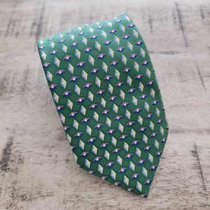Rooster Green Blue and Lavender Diamond Print Silk Tie 60" x 3.5"